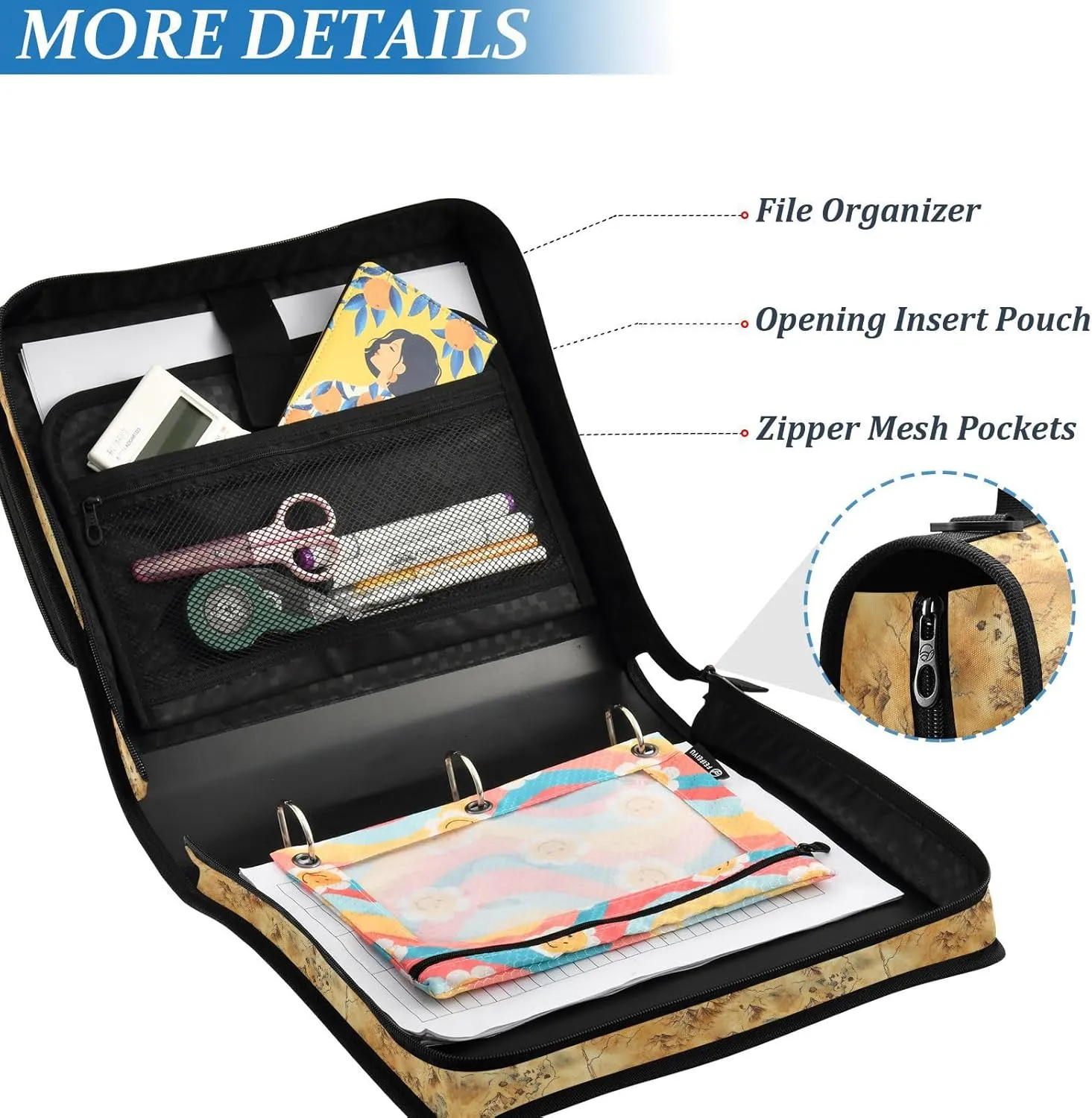 3 Rings Binder Zipper with Handle and Removable Shoulder Strap Multi-Pocket Document Organizer Bag for Middle School Vintage Game Map