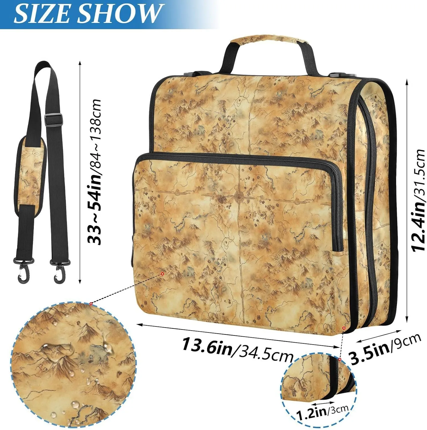 3 Rings Binder Zipper with Handle and Removable Shoulder Strap Multi-Pocket Document Organizer Bag for Middle School Vintage Game Map