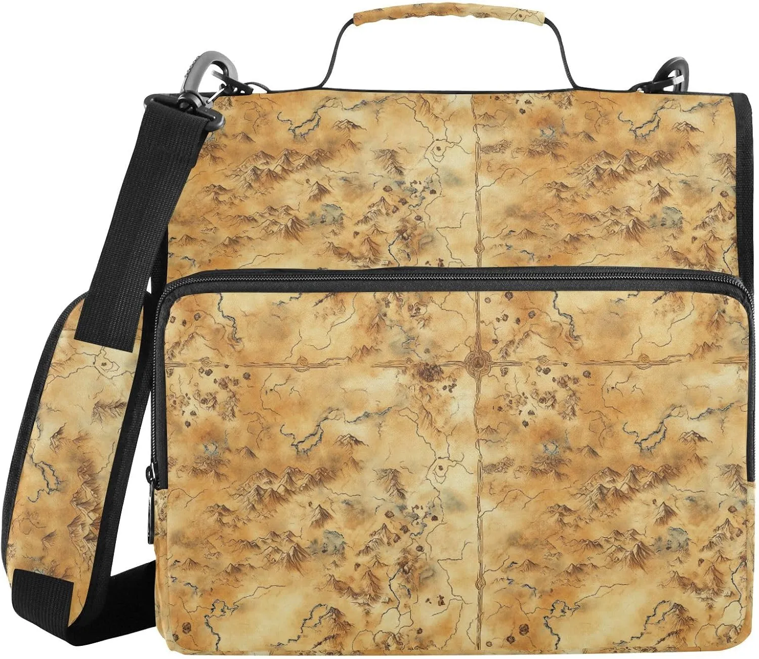 3 Rings Binder Zipper with Handle and Removable Shoulder Strap Multi-Pocket Document Organizer Bag for Middle School Vintage Game Map