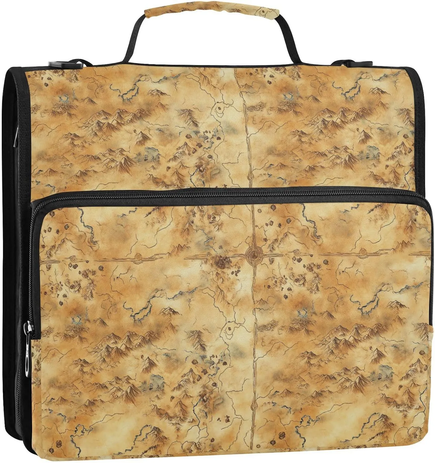 3 Rings Binder Zipper with Handle and Removable Shoulder Strap Multi-Pocket Document Organizer Bag for Middle School Vintage Game Map