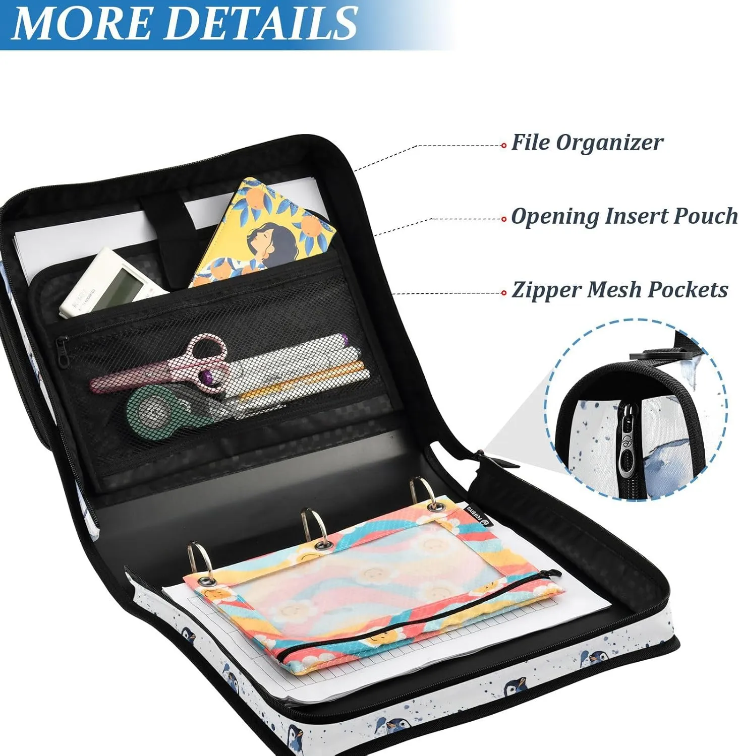 3 Rings Binder Zipper with Strap Includes Zip Pocket Document Organizer Bag for Middle Student Cute Penguin