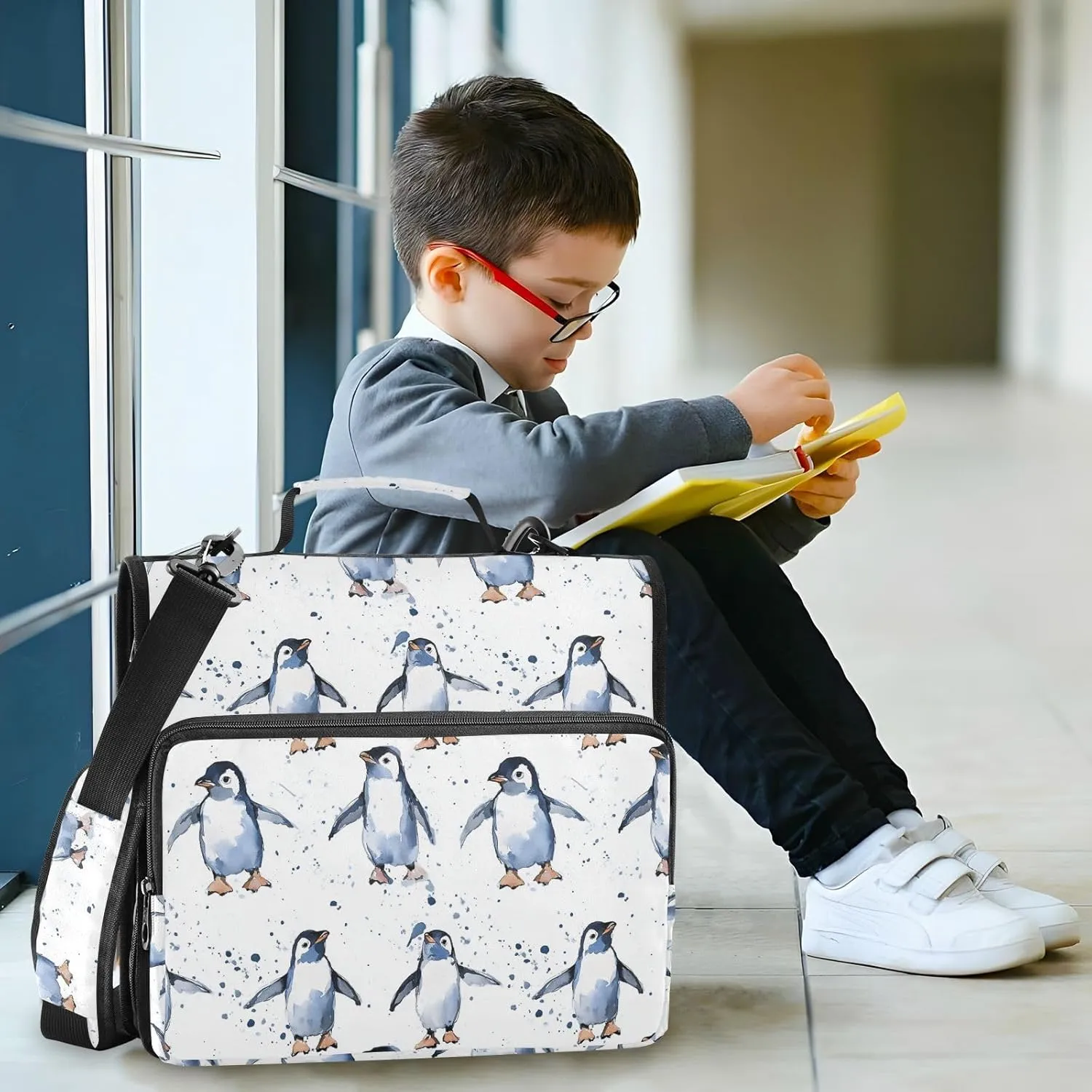 3 Rings Binder Zipper with Strap Includes Zip Pocket Document Organizer Bag for Middle Student Cute Penguin