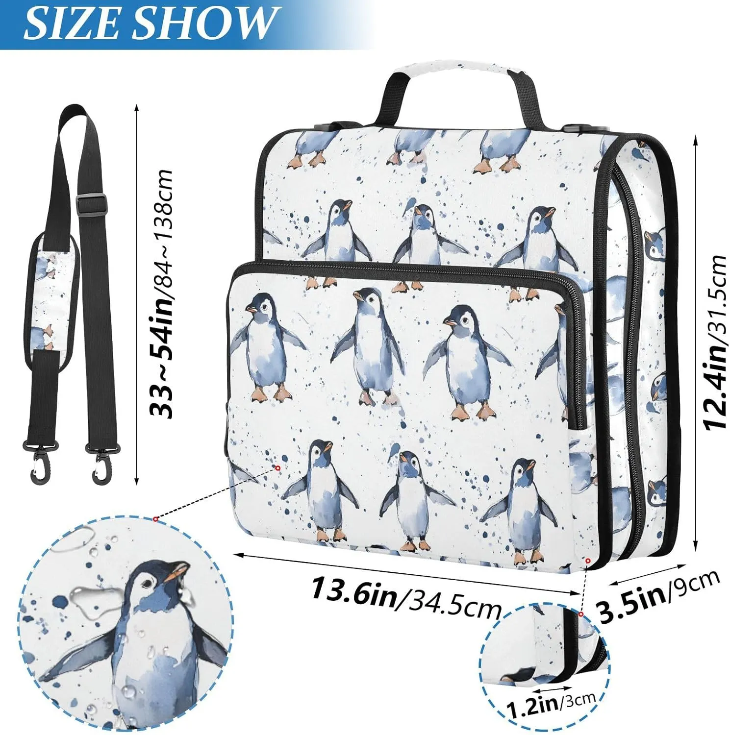 3 Rings Binder Zipper with Strap Includes Zip Pocket Document Organizer Bag for Middle Student Cute Penguin