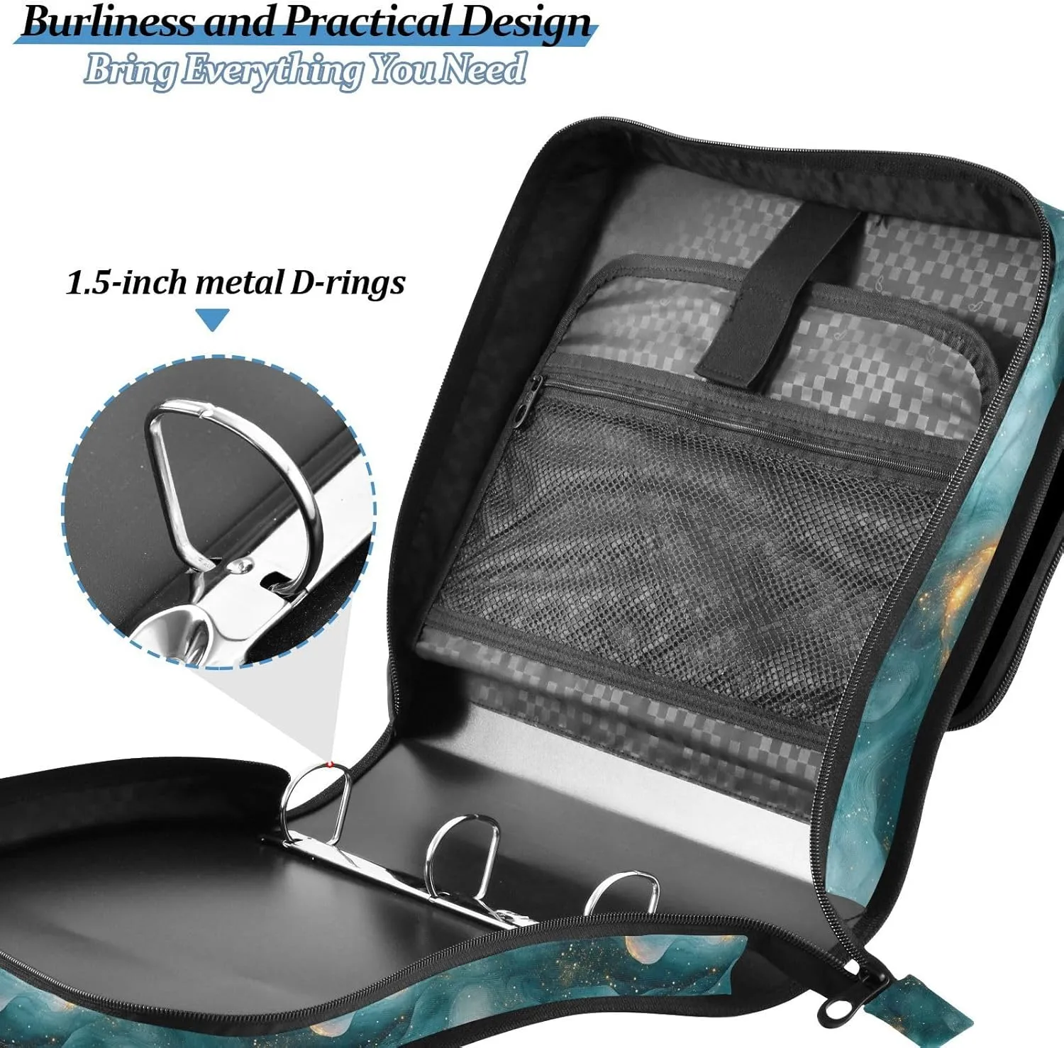 3 Rings Sturdy Zipper Binder with Handle and Removable Shoulder Strap Includes Zip Pocket Document Organizer for School and Office Rose Gold Teal Green