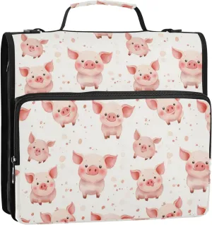 3 Rings Zip Up Binder with Shoulder Strap Waterproof Document Organizer Suitable for Middle School Cartoon Cute Pig Beige