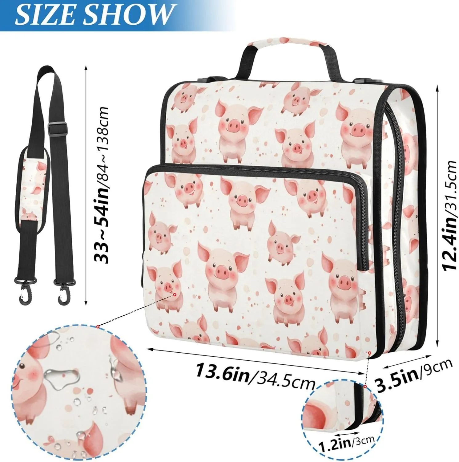 3 Rings Zip Up Binder with Shoulder Strap Waterproof Document Organizer Suitable for Middle School Cartoon Cute Pig Beige