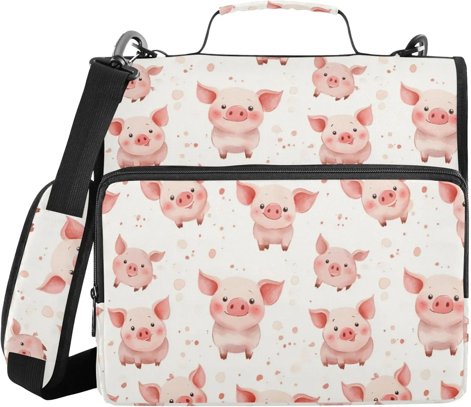 3 Rings Zip Up Binder with Shoulder Strap Waterproof Document Organizer Suitable for Middle School Cartoon Cute Pig Beige