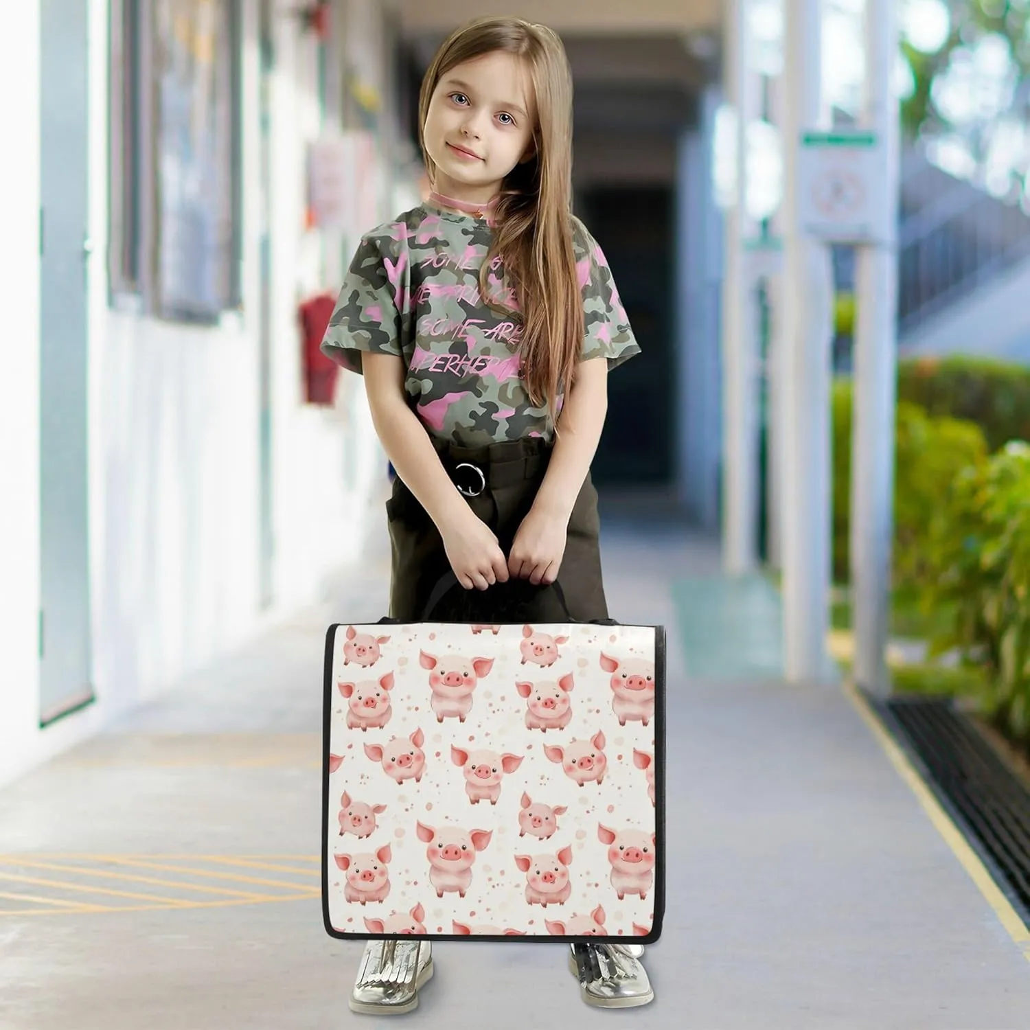 3 Rings Zip Up Binder with Shoulder Strap Waterproof Document Organizer Suitable for Middle School Cartoon Cute Pig Beige
