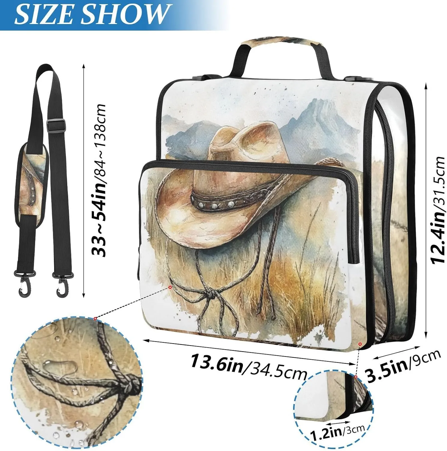 3 Rings Zipper Binder with Shoulder Strap Easy to Carry Document Organizer Bag for School/Office Western Cowboy Hat Vast Wilderness