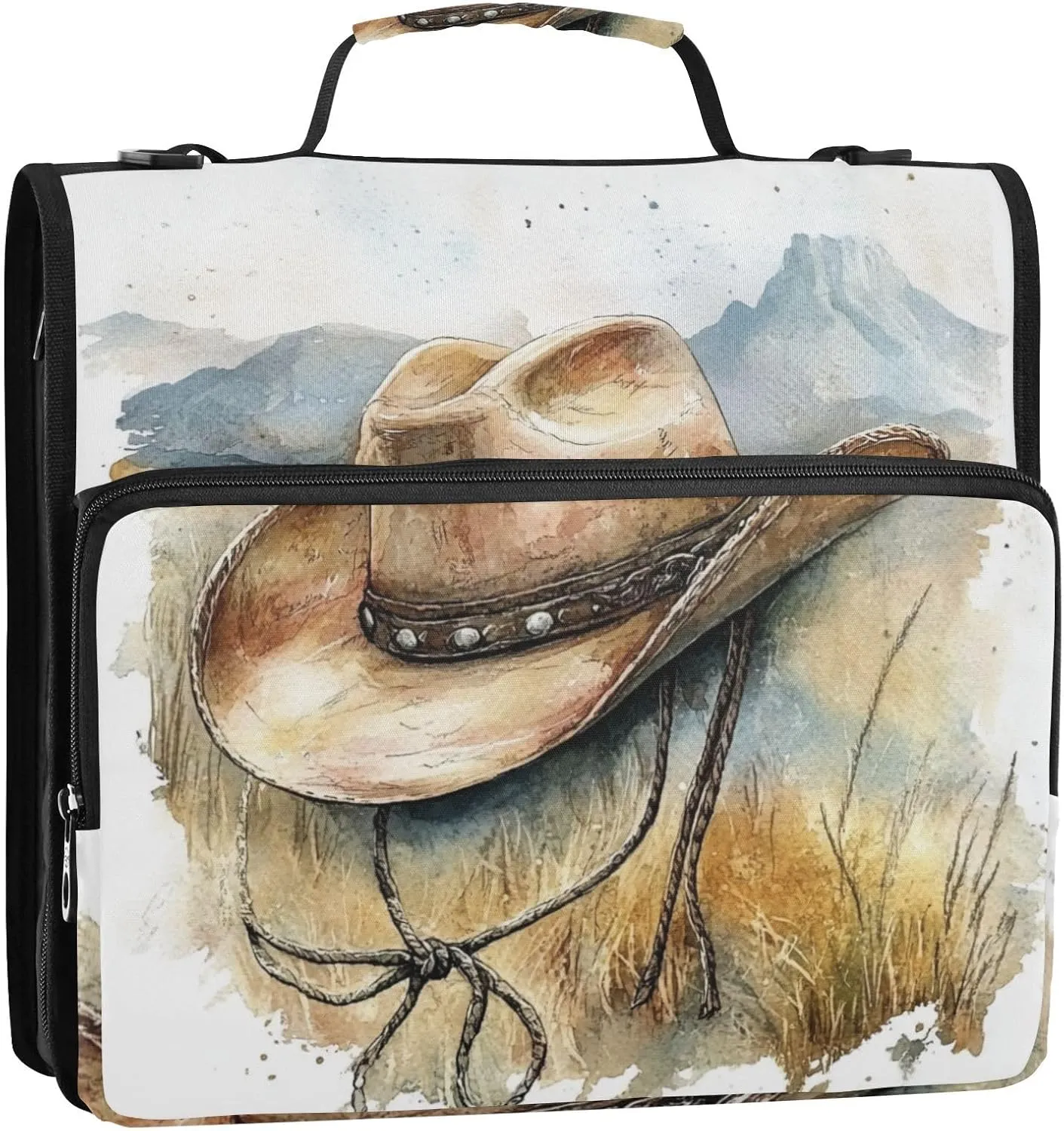 3 Rings Zipper Binder with Shoulder Strap Easy to Carry Document Organizer Bag for School/Office Western Cowboy Hat Vast Wilderness