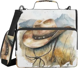 3 Rings Zipper Binder with Shoulder Strap Easy to Carry Document Organizer Bag for School/Office Western Cowboy Hat Vast Wilderness