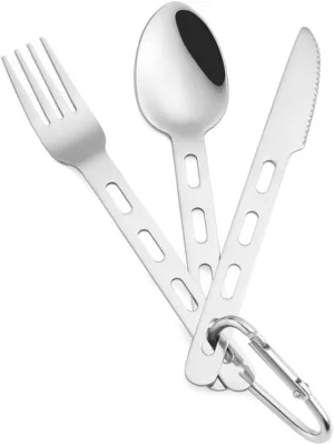 3 Sets Stainless Steel Cutlery Set Fork Spoon Kit Carabiner for Camping Outdoor Activities