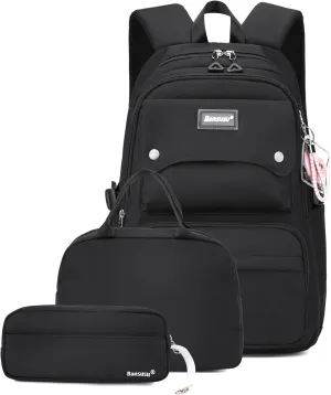 3Pcs Black Backpack for Teen Girls with Lunchbox, School Bag Girls Backpack Bookbag for Kids, Black
