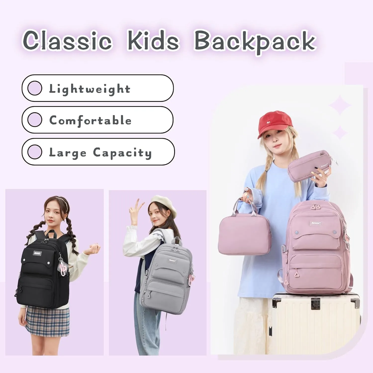 3Pcs Black Backpack for Teen Girls with Lunchbox, School Bag Girls Backpack Bookbag for Kids, Black