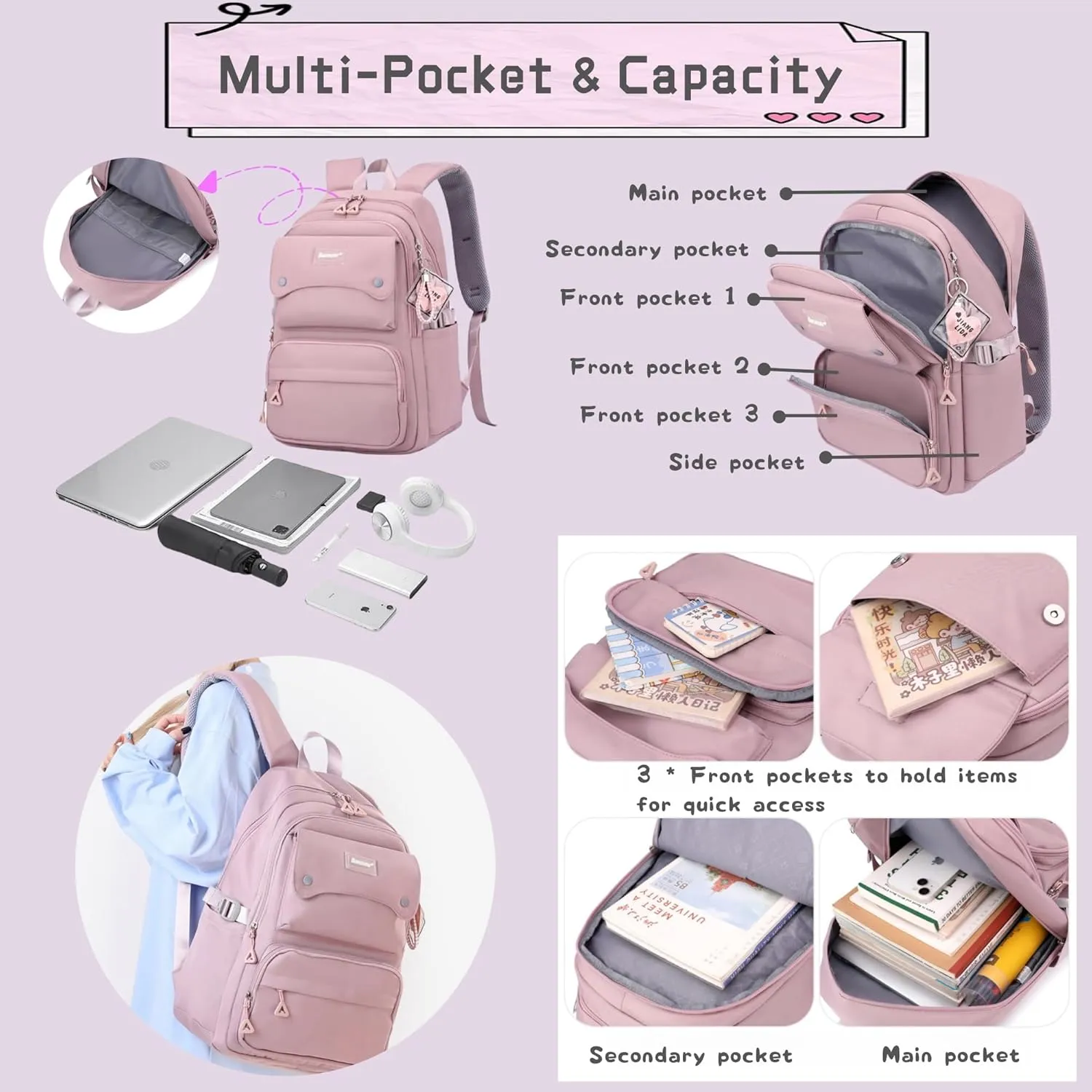 3Pcs Black Backpack for Teen Girls with Lunchbox, School Bag Girls Backpack Bookbag for Kids, Black