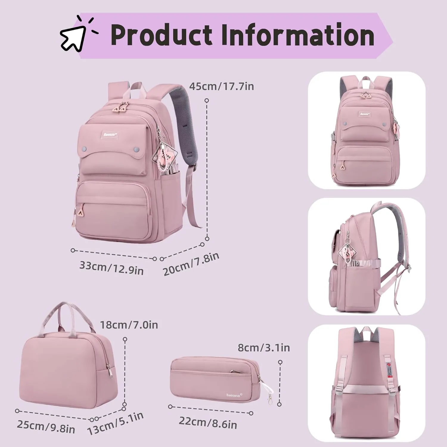 3Pcs Black Backpack for Teen Girls with Lunchbox, School Bag Girls Backpack Bookbag for Kids, Black