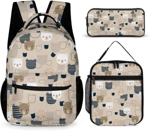 3PCS Cartoon Bear Backpack Set, Lightweight Durable Daypack Cute Laptop Bag with Lunch Bags, Stylish Shoulders Backpack with Multiple Pocketsk(Cartoon Bear)