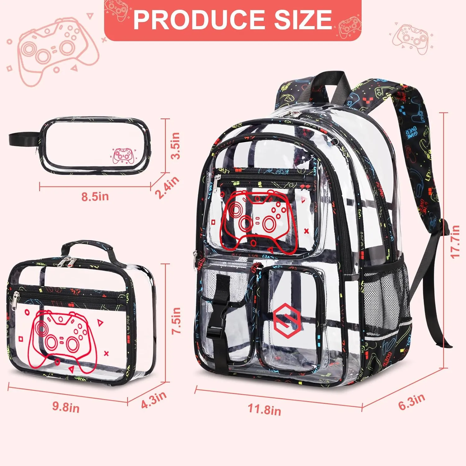 3PCS Cool Luminous Clear Backpack for Boys Kids, Gamer Clear Bookbag for School, See Through PVC Transparent Backpacks with Lunch Bag Pencil Case, Clear Backpack Heavy Duty for School Stadium
