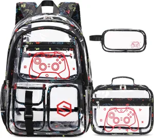 3PCS Cool Luminous Clear Backpack for Boys Kids, Gamer Clear Bookbag for School, See Through PVC Transparent Backpacks with Lunch Bag Pencil Case, Clear Backpack Heavy Duty for School Stadium