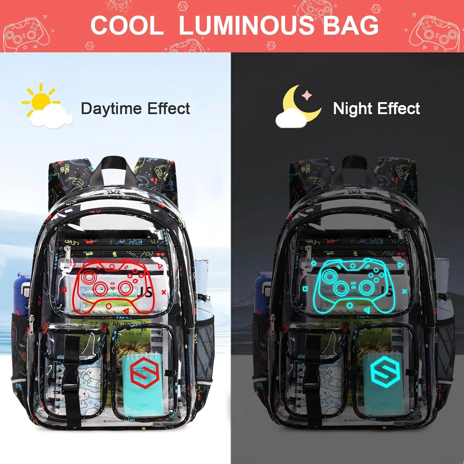 3PCS Cool Luminous Clear Backpack for Boys Kids, Gamer Clear Bookbag for School, See Through PVC Transparent Backpacks with Lunch Bag Pencil Case, Clear Backpack Heavy Duty for School Stadium
