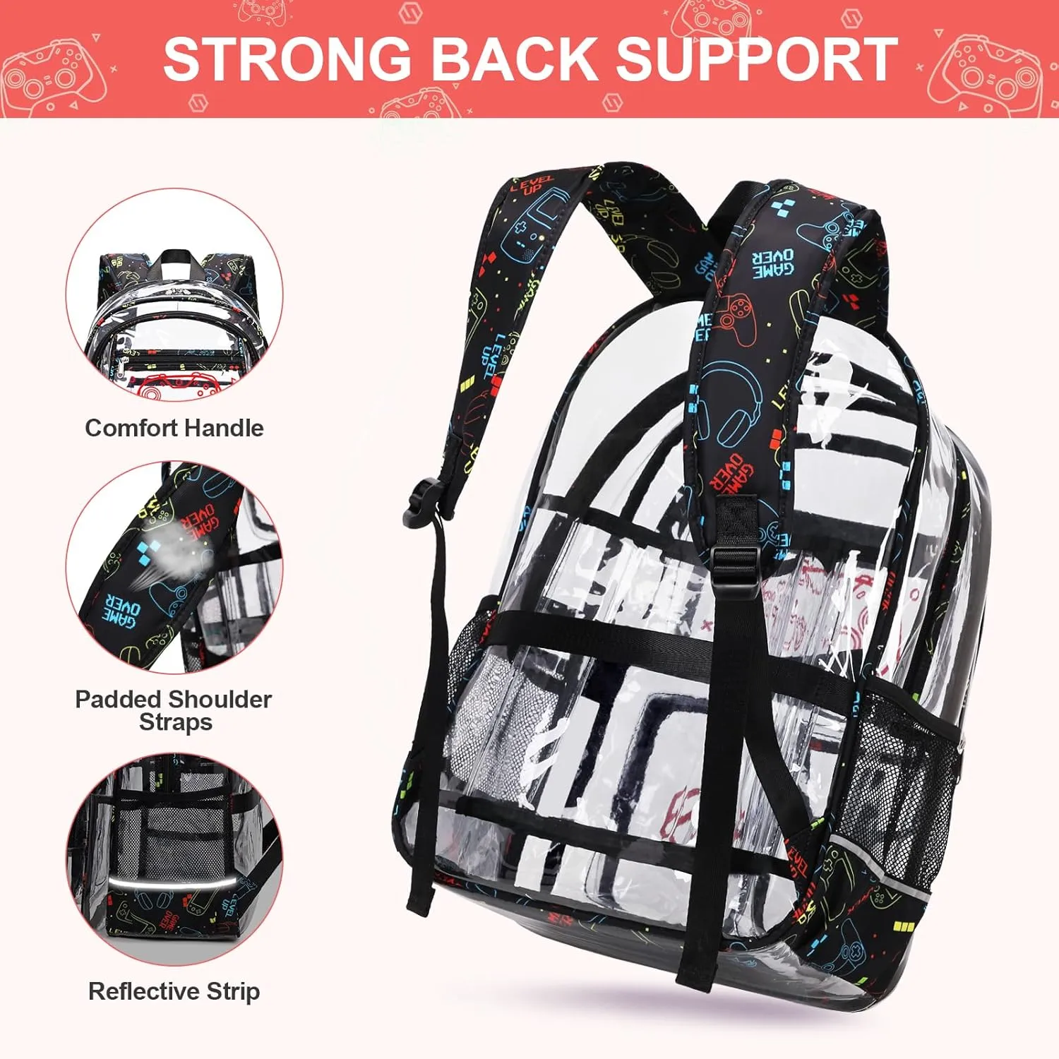 3PCS Cool Luminous Clear Backpack for Boys Kids, Gamer Clear Bookbag for School, See Through PVC Transparent Backpacks with Lunch Bag Pencil Case, Clear Backpack Heavy Duty for School Stadium