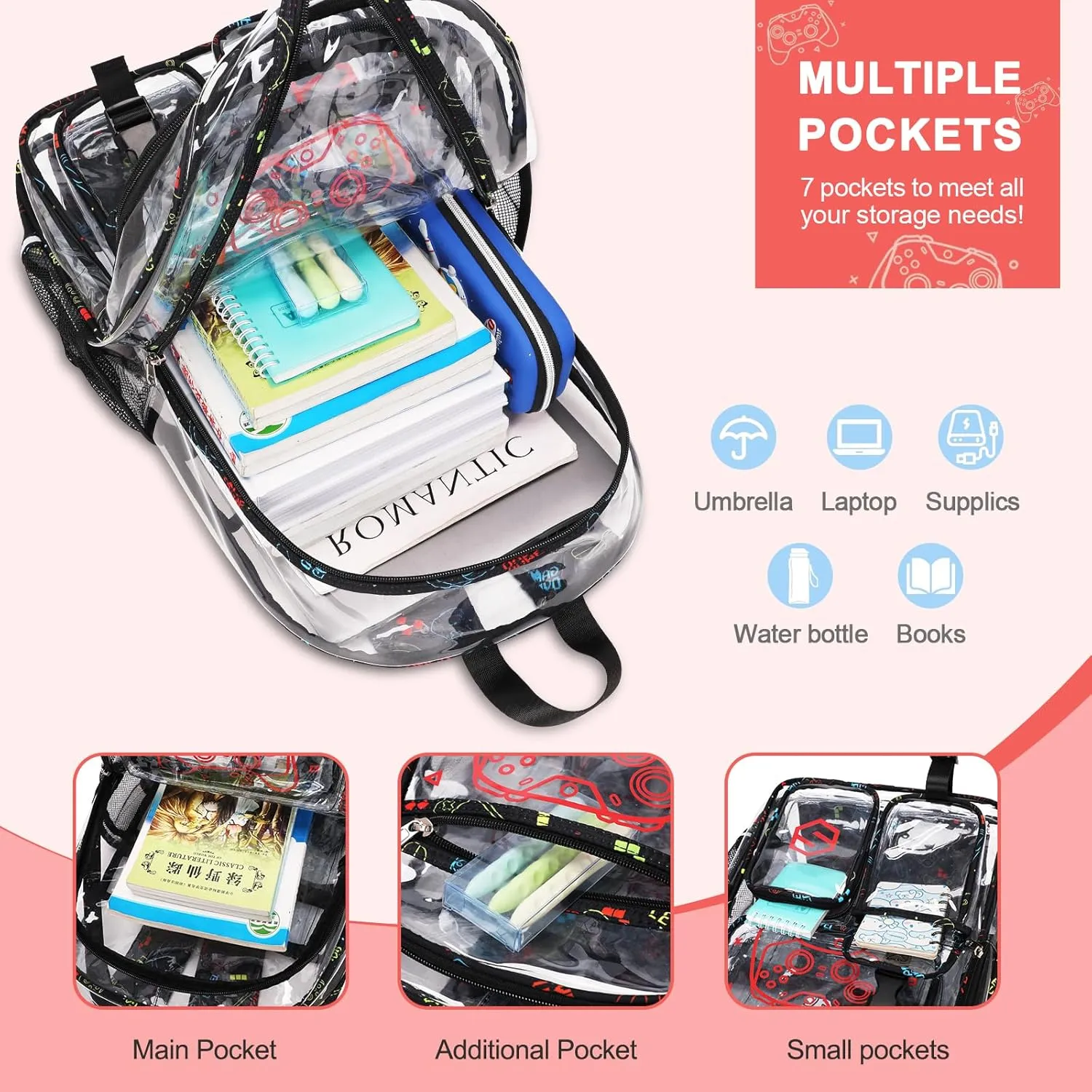 3PCS Cool Luminous Clear Backpack for Boys Kids, Gamer Clear Bookbag for School, See Through PVC Transparent Backpacks with Lunch Bag Pencil Case, Clear Backpack Heavy Duty for School Stadium