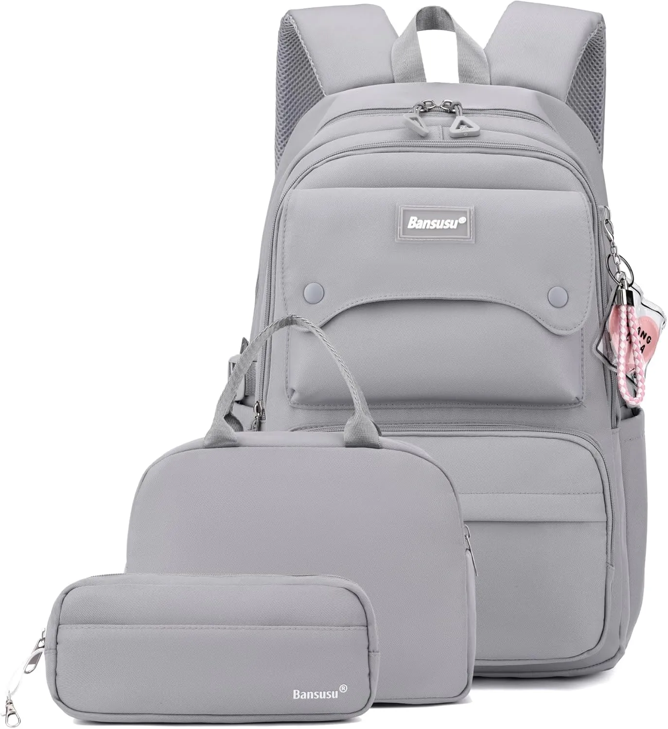 3Pcs Girls Backpack and Lunchbox Set for School Kids, Solid Color School Bag Backpack for Girls with Lunch Bag, Grey