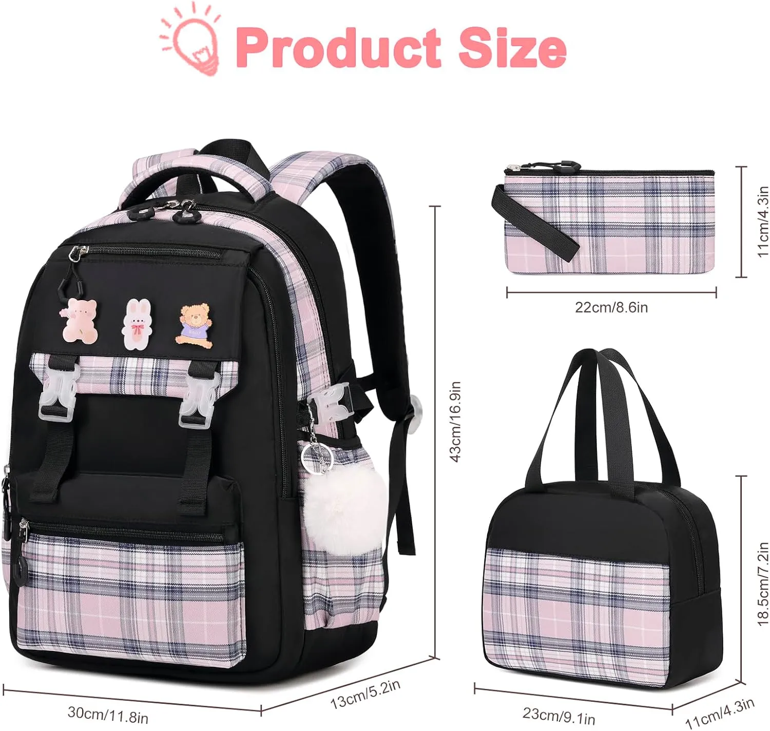 3PCS Girls Backpack for School, Kids Backpack for Girls with Lunch Box, Pencil Case, Cute Kawaii Plaid Book bag for Teen Girls Kindergarten Elementary Preschool Middle High School, Black