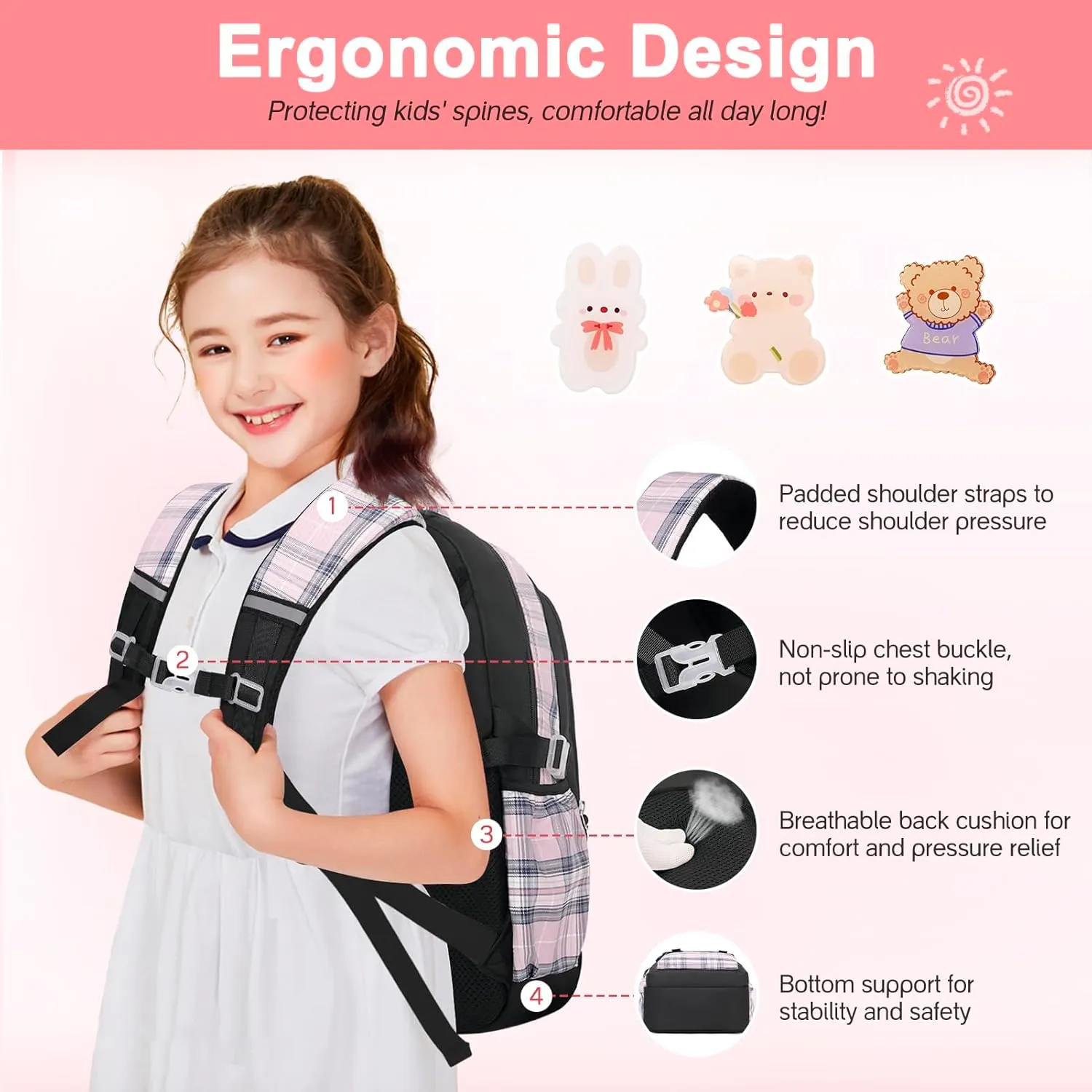 3PCS Girls Backpack for School, Kids Backpack for Girls with Lunch Box, Pencil Case, Cute Kawaii Plaid Book bag for Teen Girls Kindergarten Elementary Preschool Middle High School, Black