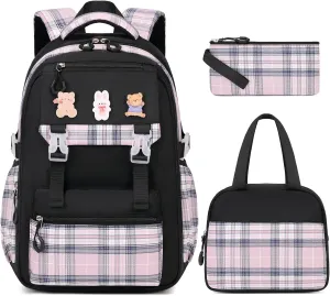 3PCS Girls Backpack for School, Kids Backpack for Girls with Lunch Box, Pencil Case, Cute Kawaii Plaid Book bag for Teen Girls Kindergarten Elementary Preschool Middle High School, Black