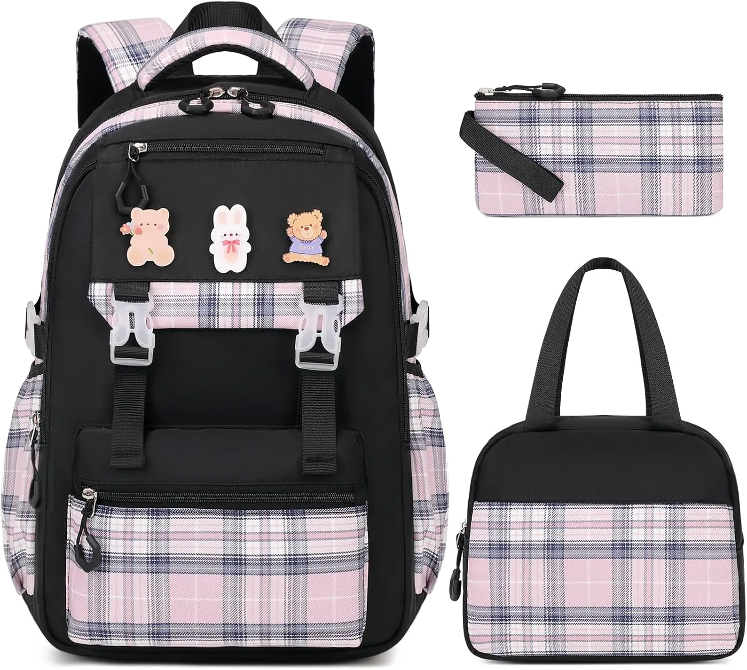 3PCS Girls Backpack for School, Kids Backpack for Girls with Lunch Box, Pencil Case, Cute Kawaii Plaid Book bag for Teen Girls Kindergarten Elementary Preschool Middle High School, Black