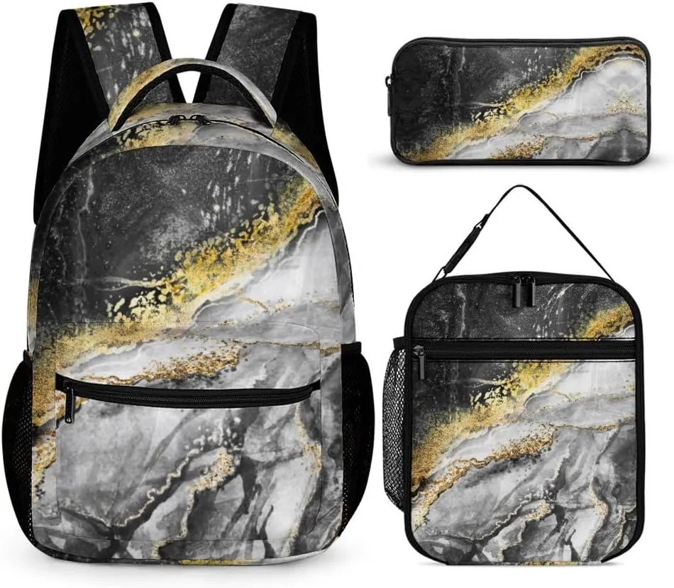 3PCS Marble Backpack Set, Lightweight Durable Daypack Cute Laptop Bag with Lunch Bags, Stylish Shoulders Backpack with Multiple Pockets(Black Marble)