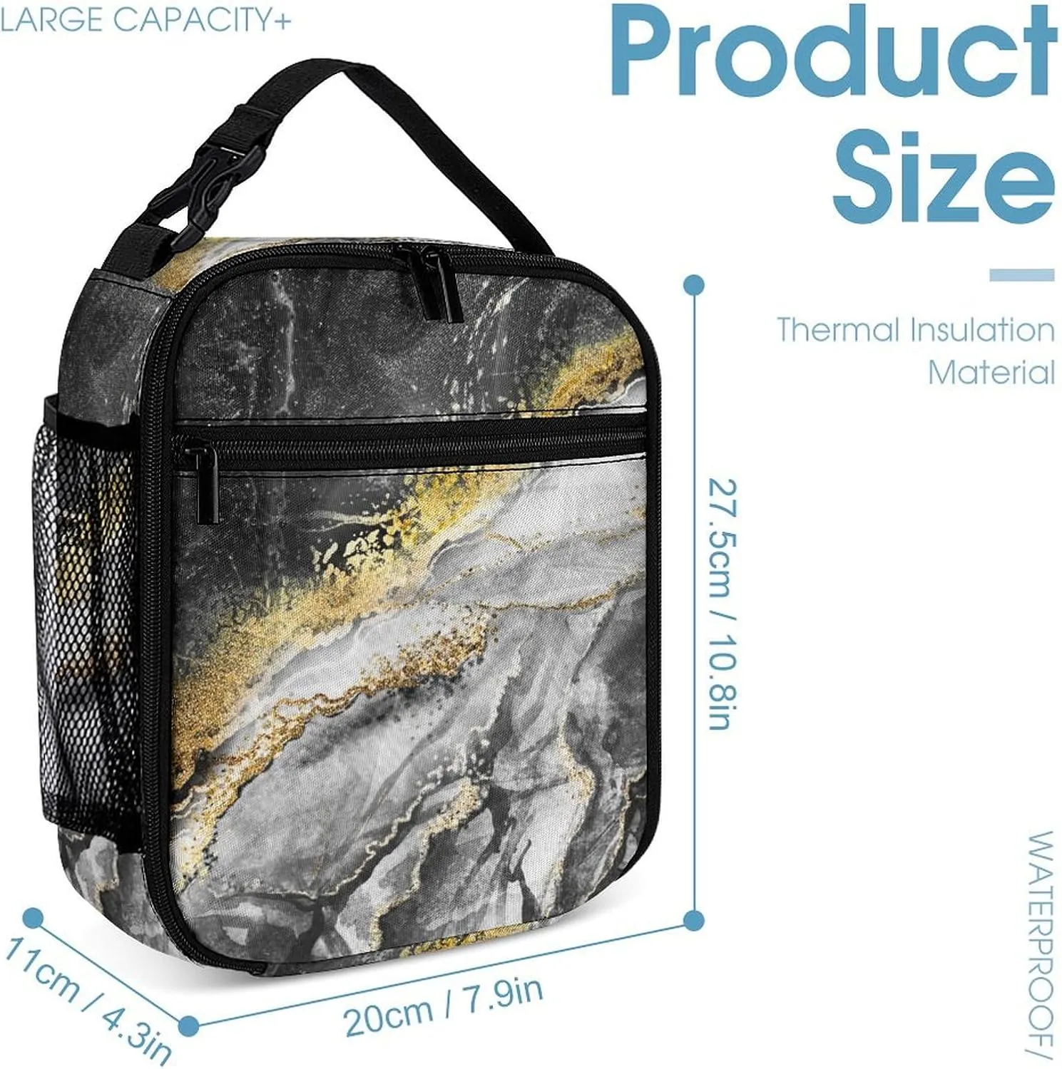 3PCS Marble Backpack Set, Lightweight Durable Daypack Cute Laptop Bag with Lunch Bags, Stylish Shoulders Backpack with Multiple Pockets(Black Marble)