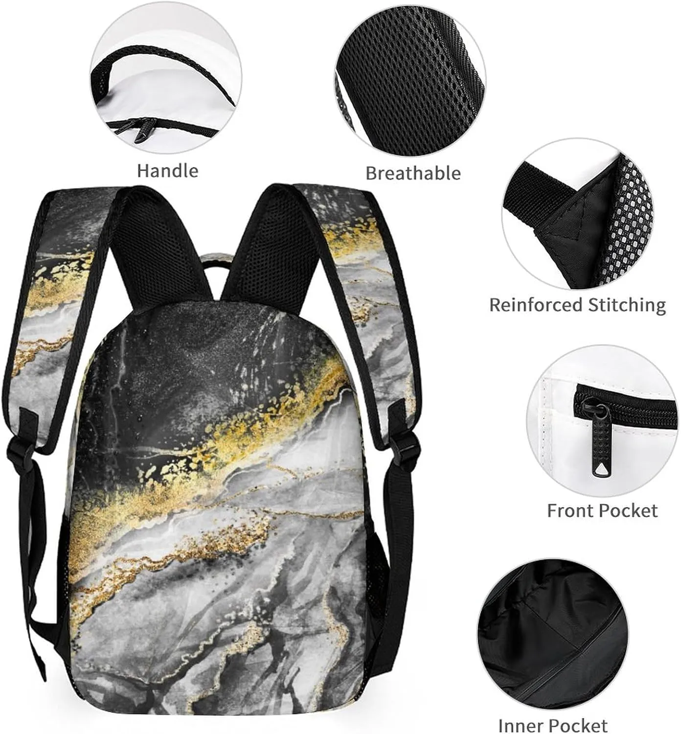 3PCS Marble Backpack Set, Lightweight Durable Daypack Cute Laptop Bag with Lunch Bags, Stylish Shoulders Backpack with Multiple Pockets(Black Marble)