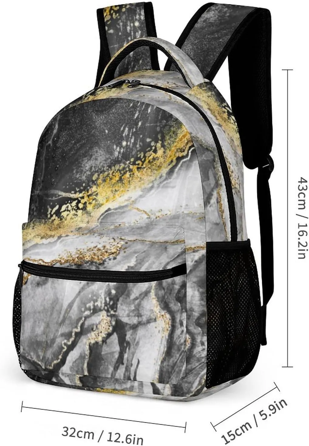 3PCS Marble Backpack Set, Lightweight Durable Daypack Cute Laptop Bag with Lunch Bags, Stylish Shoulders Backpack with Multiple Pockets(Black Marble)