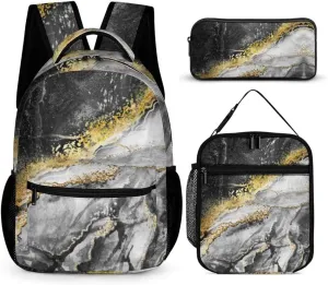3PCS Marble Backpack Set, Lightweight Durable Daypack Cute Laptop Bag with Lunch Bags, Stylish Shoulders Backpack with Multiple Pockets(Black Marble)