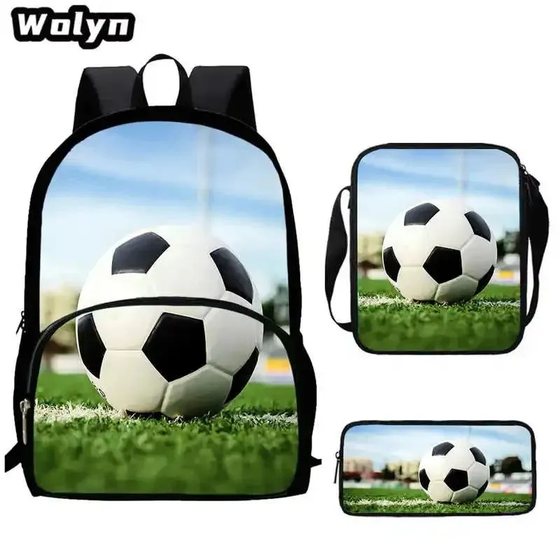 3Pcs Set 3D Soccer Printed School Backpack with Shoulder Bags Pencil Case for Grade 1-3,Large Football School Bags for Boys