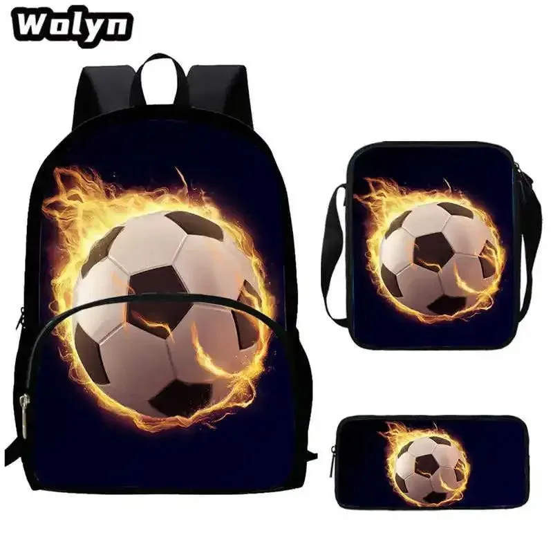 3Pcs Set 3D Soccer Printed School Backpack with Shoulder Bags Pencil Case for Grade 1-3,Large Football School Bags for Boys