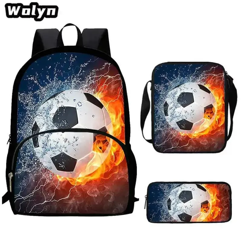 3Pcs Set 3D Soccer Printed School Backpack with Shoulder Bags Pencil Case for Grade 1-3,Large Football School Bags for Boys