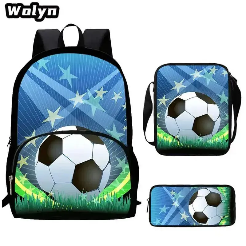3Pcs Set 3D Soccer Printed School Backpack with Shoulder Bags Pencil Case for Grade 1-3,Large Football School Bags for Boys