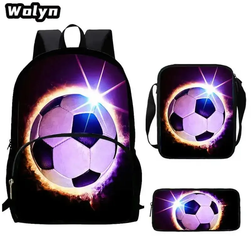 3Pcs Set 3D Soccer Printed School Backpack with Shoulder Bags Pencil Case for Grade 1-3,Large Football School Bags for Boys