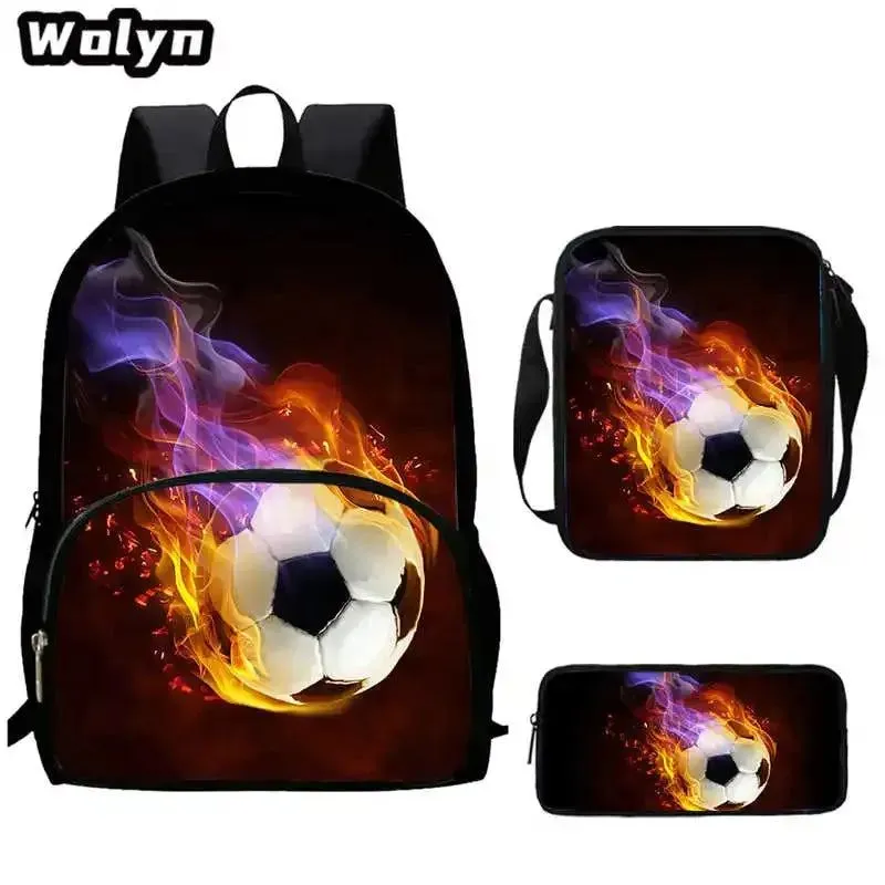 3Pcs Set 3D Soccer Printed School Backpack with Shoulder Bags Pencil Case for Grade 1-3,Large Football School Bags for Boys