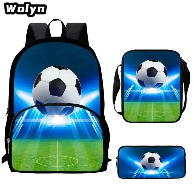 3Pcs Set 3D Soccer Printed School Backpack with Shoulder Bags Pencil Case for Grade 1-3,Large Football School Bags for Boys