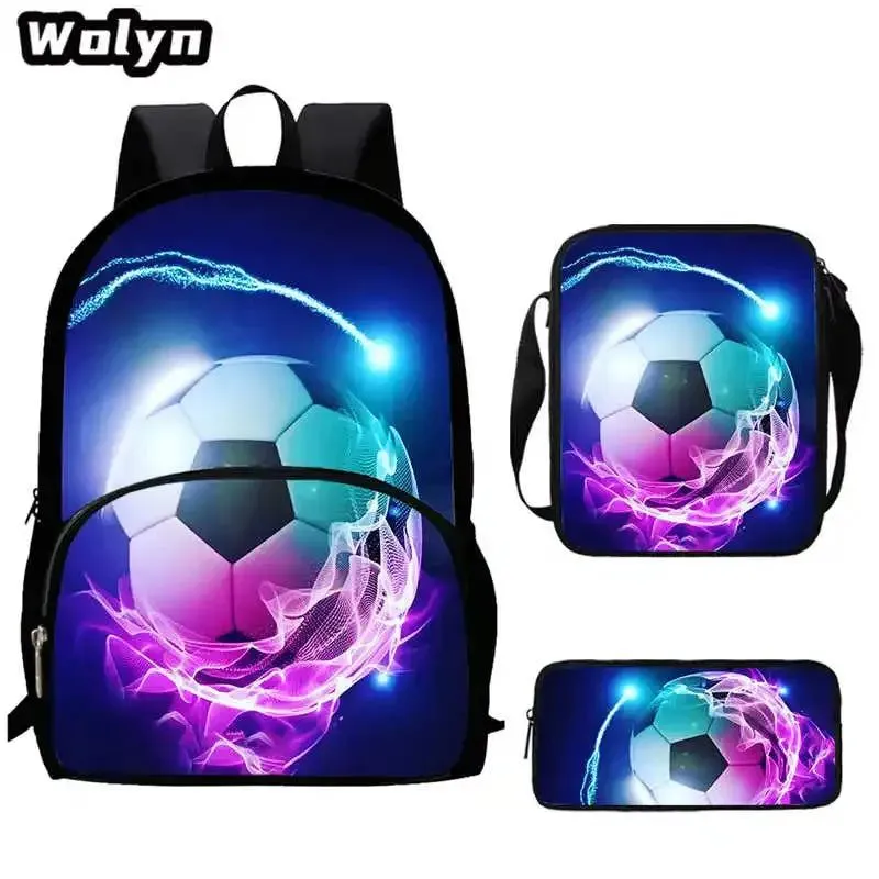 3Pcs Set 3D Soccer Printed School Backpack with Shoulder Bags Pencil Case for Grade 1-3,Large Football School Bags for Boys