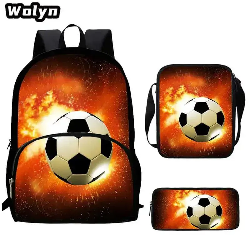 3Pcs Set 3D Soccer Printed School Backpack with Shoulder Bags Pencil Case for Grade 1-3,Large Football School Bags for Boys