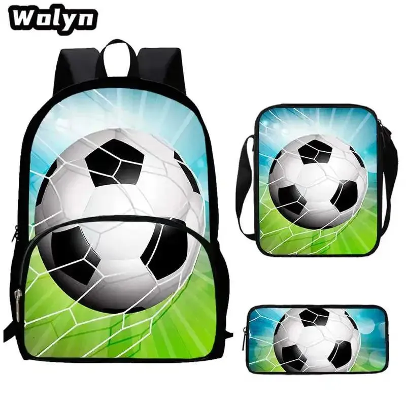 3Pcs Set 3D Soccer Printed School Backpack with Shoulder Bags Pencil Case for Grade 1-3,Large Football School Bags for Boys