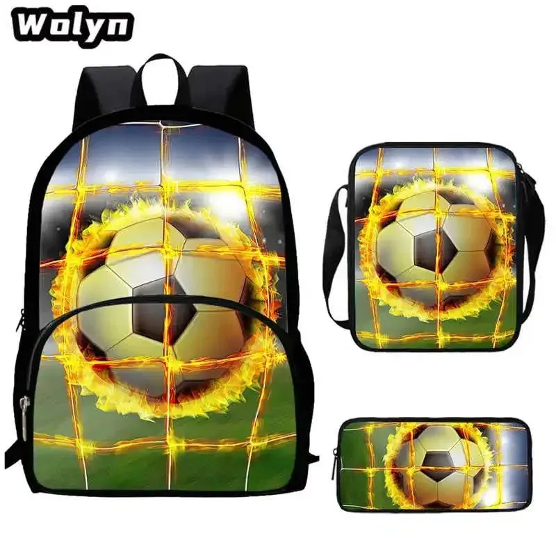 3Pcs Set 3D Soccer Printed School Backpack with Shoulder Bags Pencil Case for Grade 1-3,Large Football School Bags for Boys