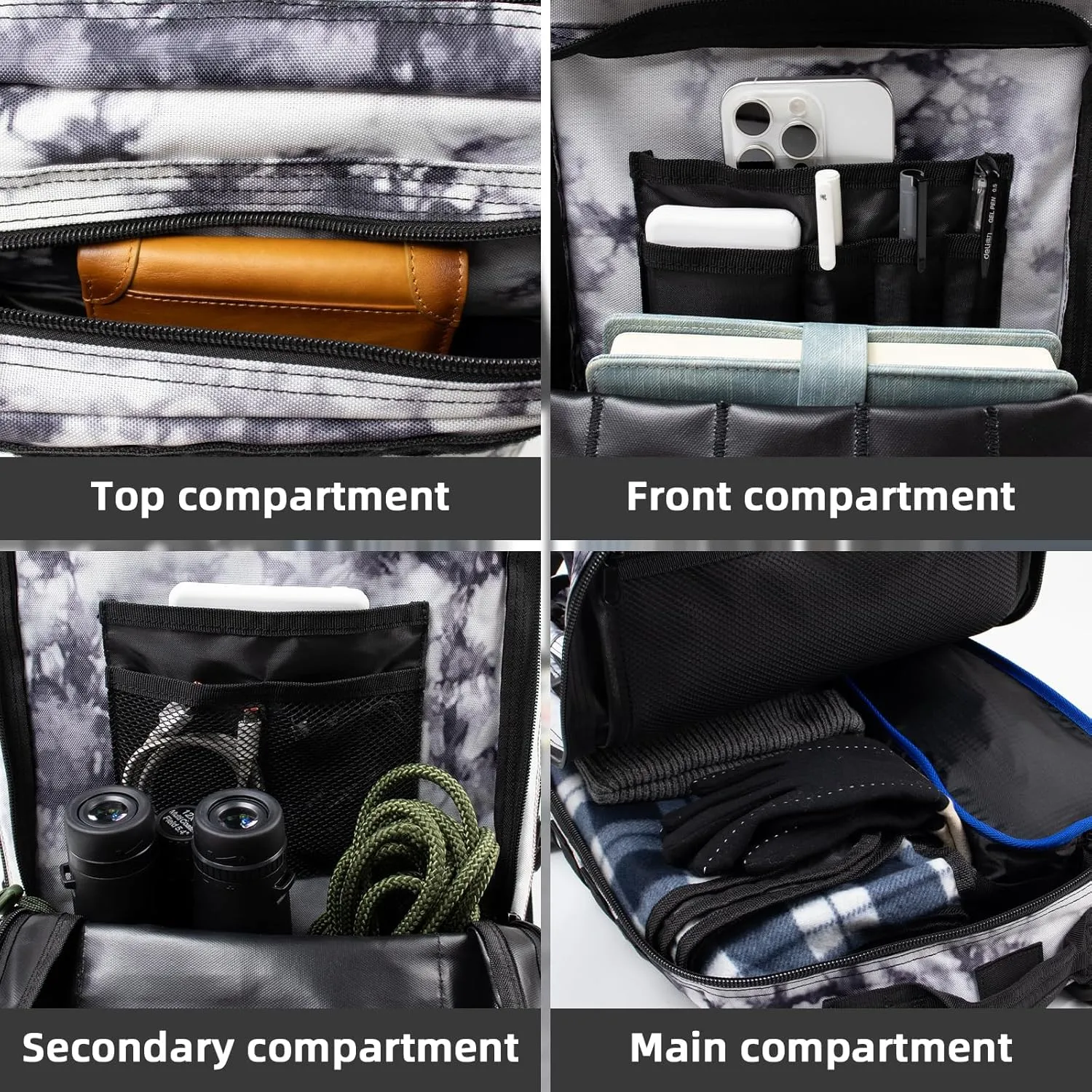45L Large Tactical Military Backpack for Women and Men, Assault Pack Army 3 Day Molle Bug Out Bag with Adjustable Water Bottle Holder, Gym EDC Daypack Rucksack for Camping Motorcycle, Balck White Camo
