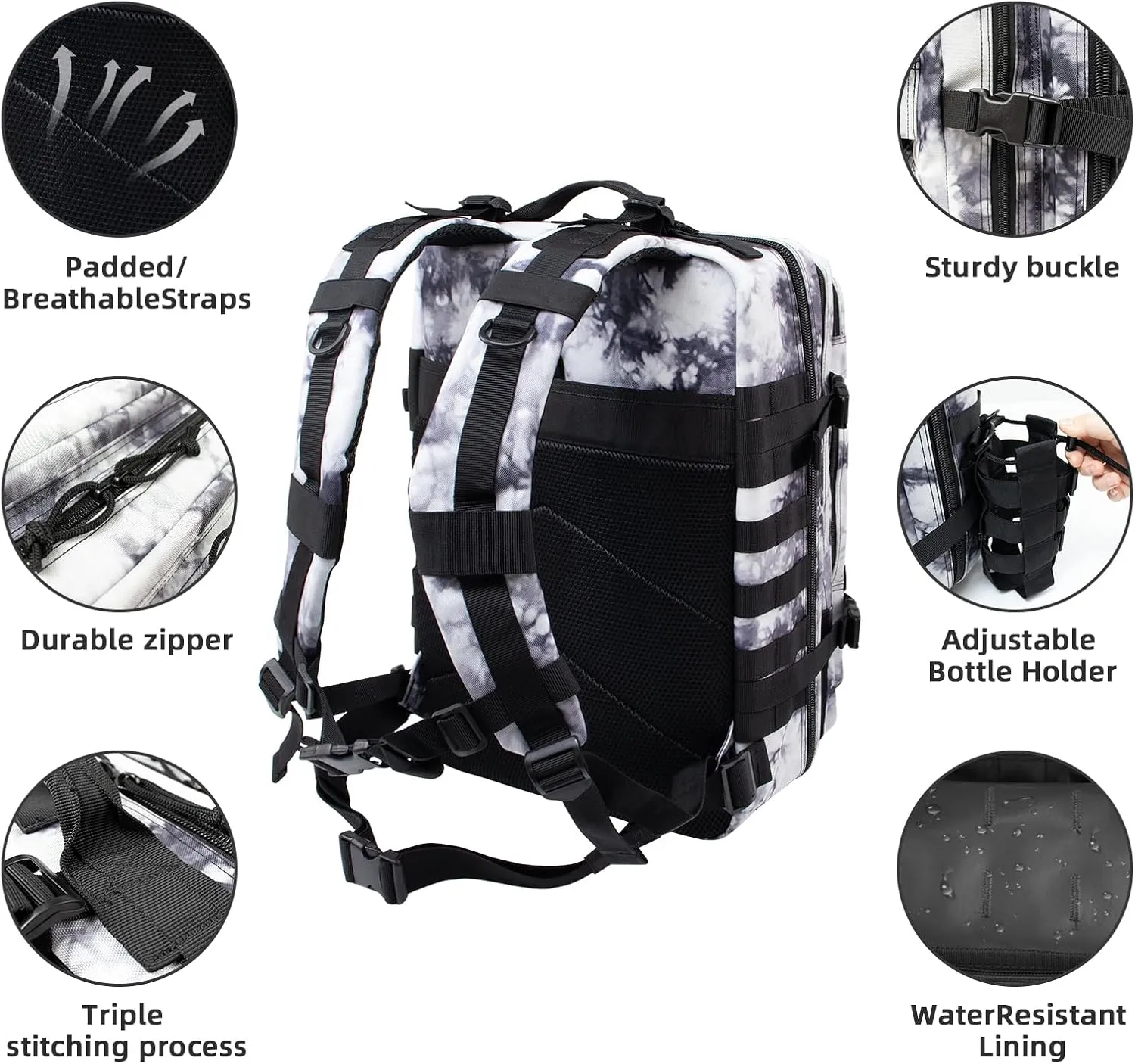 45L Large Tactical Military Backpack for Women and Men, Assault Pack Army 3 Day Molle Bug Out Bag with Adjustable Water Bottle Holder, Gym EDC Daypack Rucksack for Camping Motorcycle, Balck White Camo