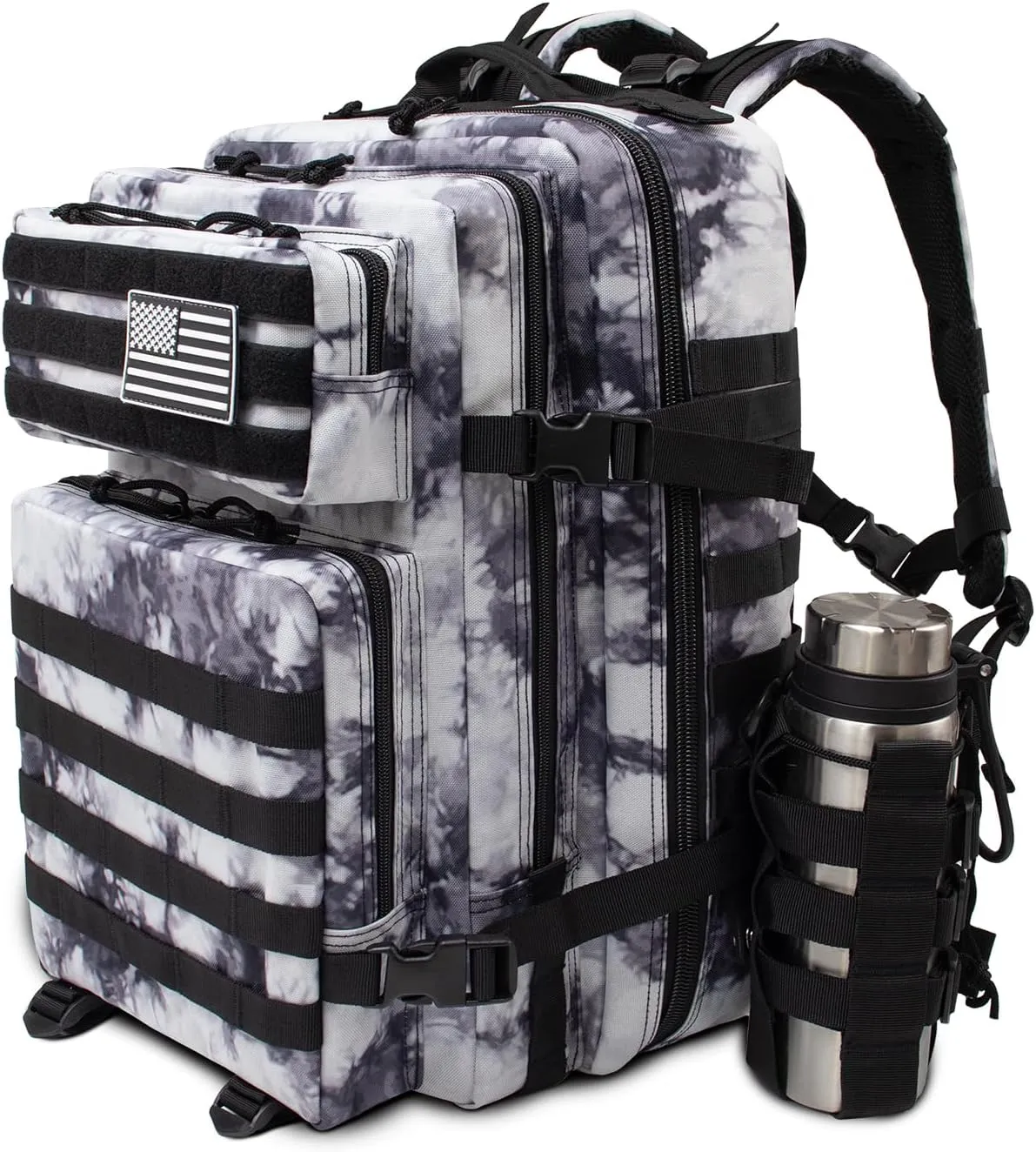 45L Large Tactical Military Backpack for Women and Men, Assault Pack Army 3 Day Molle Bug Out Bag with Adjustable Water Bottle Holder, Gym EDC Daypack Rucksack for Camping Motorcycle, Balck White Camo